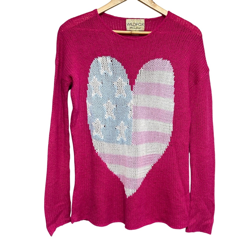 Wildfox Heart American Flag Sweater Womens XS Open Knit Preppy Patriotic Relaxed
